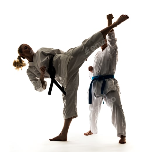 Preview: Two girls in kimono are training karate