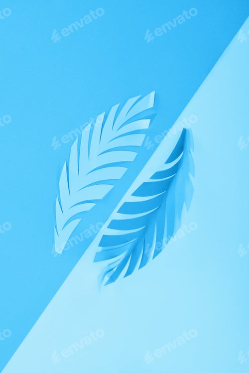 Preview: flat lay with paper cut leaves on blue minimalistic background