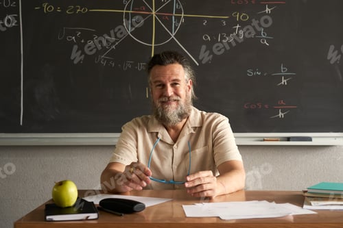 Preview: Teacher with friendly face looking at the camera sitting at his desk in the classroom