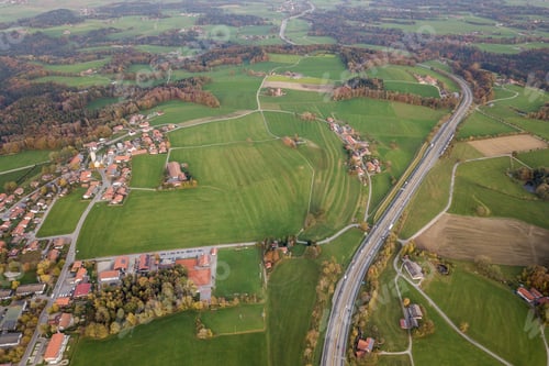 Preview: Top down aerial view of freeway interstate road with moving traffic cars in rural area.