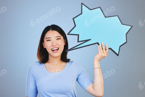 Preview: Speech bubble, woman voice and student presentation, chat or communication for college opportunity