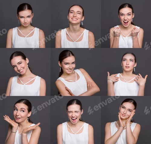 Aperçu: Different Emotions Collage. Set Of Beautiful Brunette Girl Emotional Portraits. Positive And
