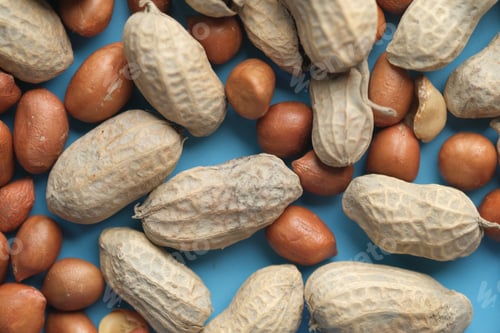 Preview: Processed pea nuts on table top down .
