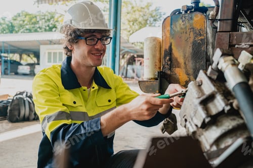 Preview: professional business industry technician wearing safety helmet working to maintenance service
