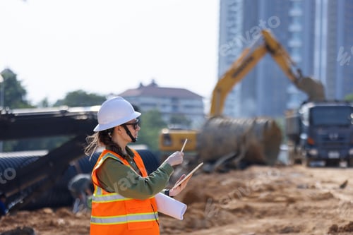 Preview: A female engineer wearing a safety vest and hard hat inspects a construction site