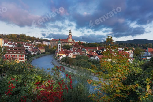 Preview: Beautiful aerial view of Cesky Krumlov at sunrise with Castle - Cesky Krumlov, Czech Republic