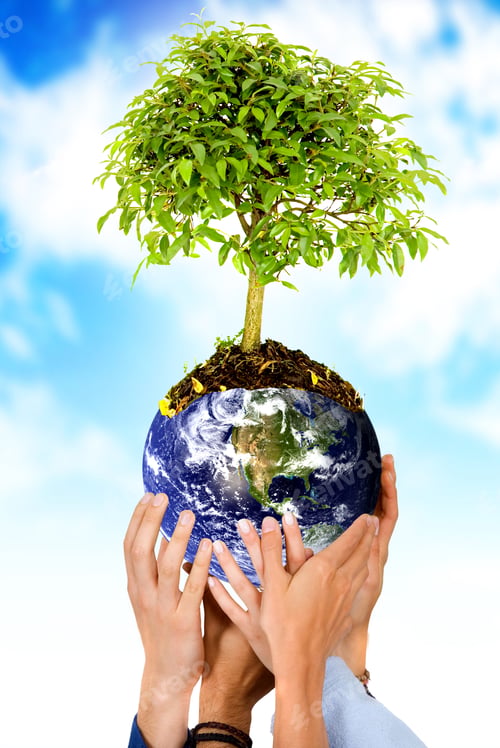 Preview: Together Protecting The Planet - Hands Holding The Earth With A Tree Over A Blue Sky In The