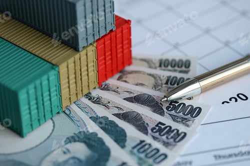 Preview: Company shipping cargo containers in Japan with yen money bills and pen