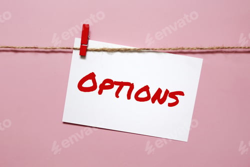 Preview: Sticker with the inscription options hanging on a rope on a pink background