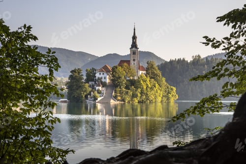 Preview: Island in lake Bled in hazy morning light seen through foliage