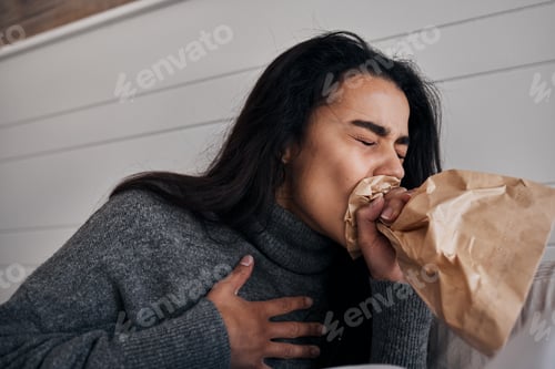 Preview: Woman, anxiety and stress paper bag breathing of a woman with mental health problem or bipolar. Dep