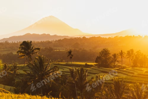 Preview: Amazing warm orange sunrise over famous Jatiluwih rice terraces and mount Agung volcano view