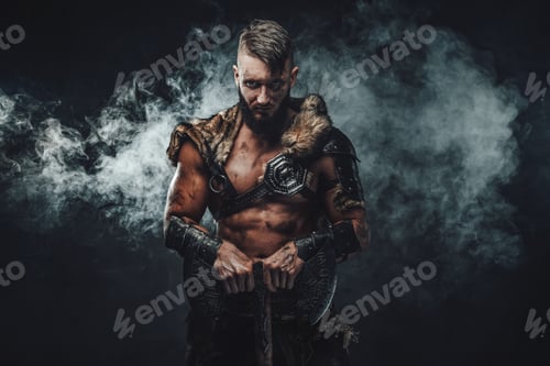 Preview: Viking seafarer in armour with fur holding two handed axe