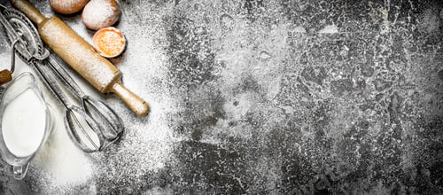 Preview: Baking background. Ingredients and tools for dough preparation.
