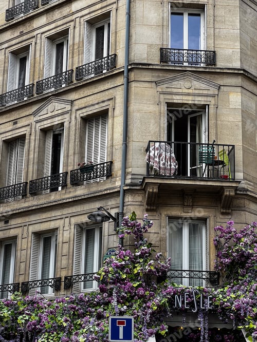 Preview: Facades of houses in Paris with balconies, shutters and greenery