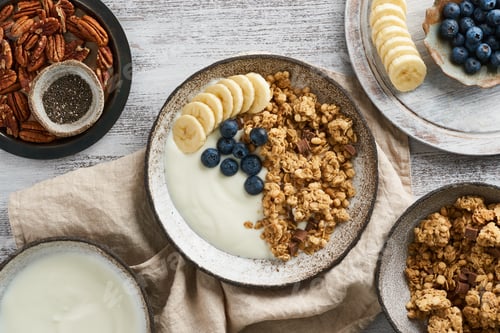 Preview: Yogurt with chocolate granola, blueberry. Breakfast, healthy diet food with oat flakes