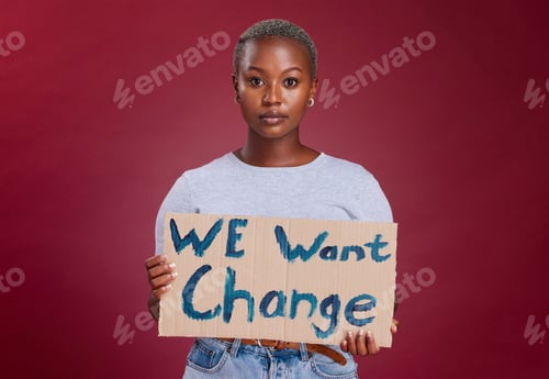 Preview: Black woman, protest and billboard message for change, text or voice against mockup studio backgrou