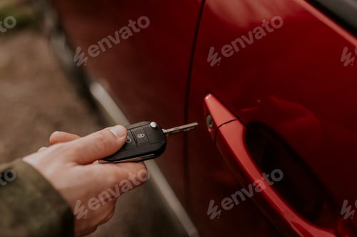 Preview: Man hand opening car door with key photo