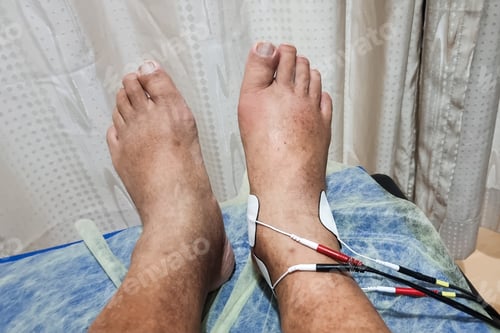 Preview: Patient receiving interferential therapy as part of the physiotherapy course to heal injured swollen