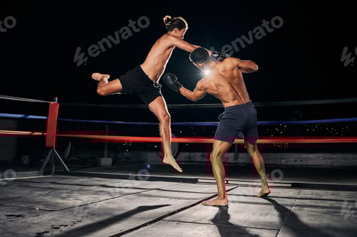 Preview: Mma, muay thai and fight with a boxing coach and training for health, fitness and sport exercise in