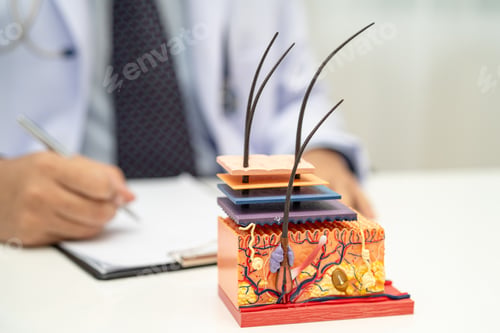 Preview: Asian dermatologist doctor holding skin structure model anatomy