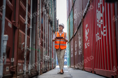 Preview: Engineer or foreman checking about shipping of container box in warehouse stock yard.