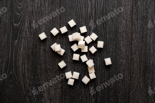 Preview: a some bunch of sugar cubes flat lay on the colorful background, view from above, copy space