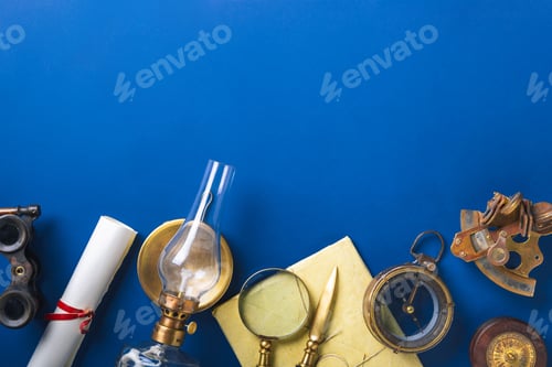 Preview: Old fashioned flat lay with retro accessories on blue background