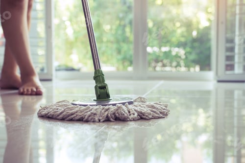 Preview: Asian women cleaning folk using mop tiles.