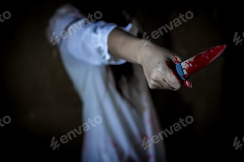 Preview: Closeup, Ghost woman or zombie hold knife for kill with blood violence in house
