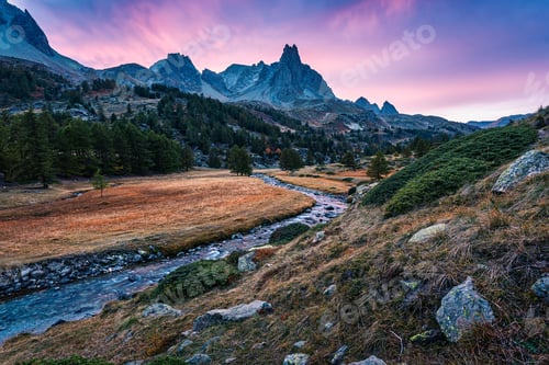 Preview: Sunset over Claree Valley with Main De Crepin peak and river flow through in larch forest