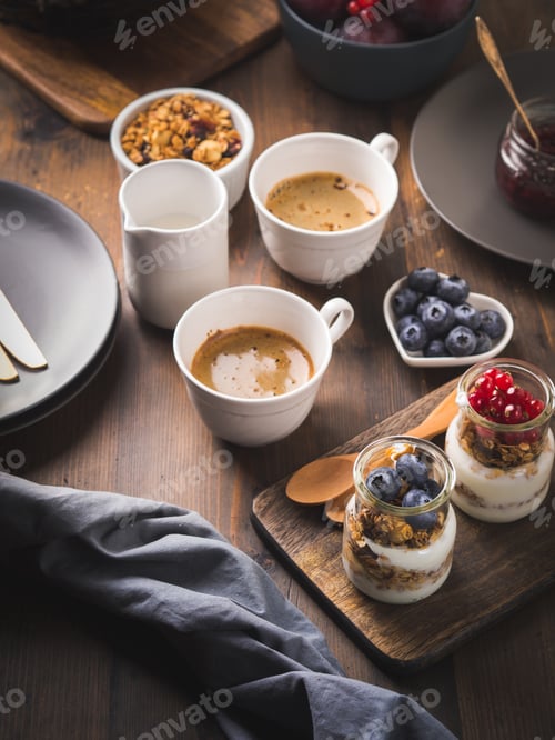 Preview: Cozy Breakfast food concept dark wooden background