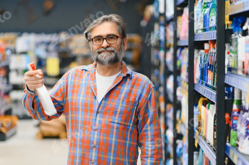 Preview: Adult man buyer chooses cleaning products in household chemicals store