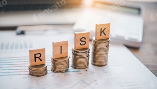 Preview: wooden block with the words "RISK" on silver coin.concept the goal of collecting money