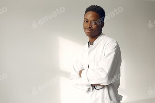 Preview: Black doctor in a white uniform with a stethoscope