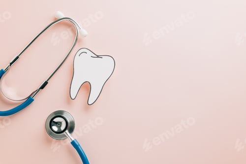Preview: World Dentist Day mockup with tooth cutout and stethoscope on pink. Showcasing dental health,