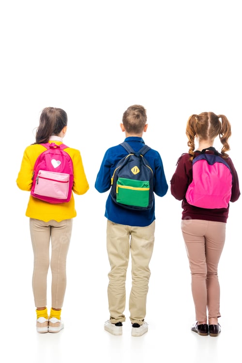 Preview: back view of schoolchildren with multicolored backpacks isolated on white
