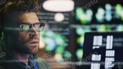 Preview: IT programer checking computer code data hologram closeup. Engineer man working