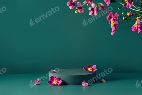 Preview: Podium, stand, showcase and brigth purple flowers on dark teal background