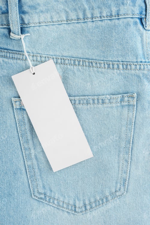 Preview: Back Side Pocket On Blue Jeans Pants And Blank Price Tag Closeup Background, Mockup, Copy Space