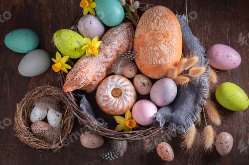 Preview: Colorful Easter basket as Traditions on Holy Sunday in Easter.
