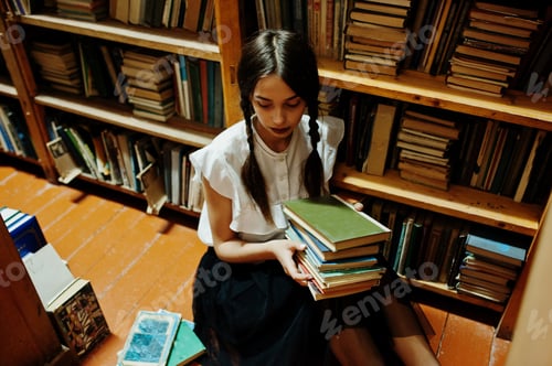 Preview: Girl with pigtails in white blouse at old library.