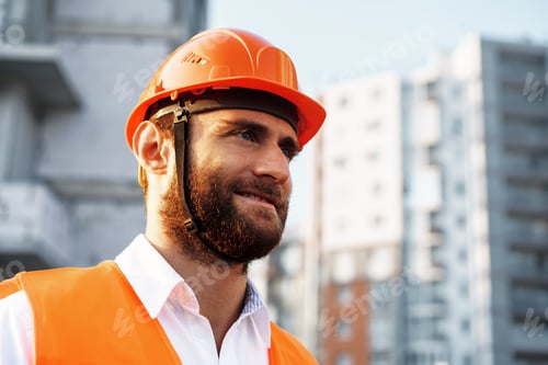 Preview: Builder wearing hardhat and safety vest standing on a commercial construction site