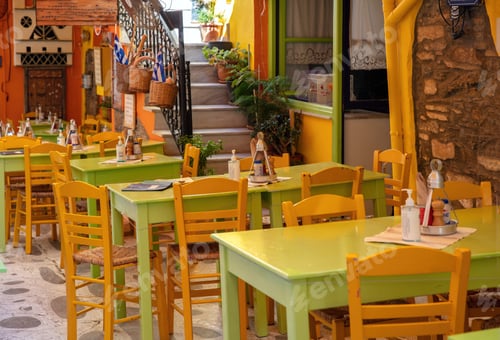 Preview: Outdoors traditional tavern restaurant, destination Greece, Tinos island Hora town Cyclades.