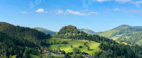 Preview: Panoramic view of a green landscape with trees and vegetation in blue sky background