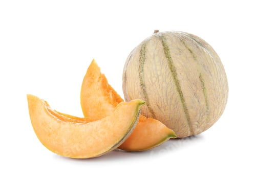 Preview: Whole and sliced tasty ripe melons on white background
