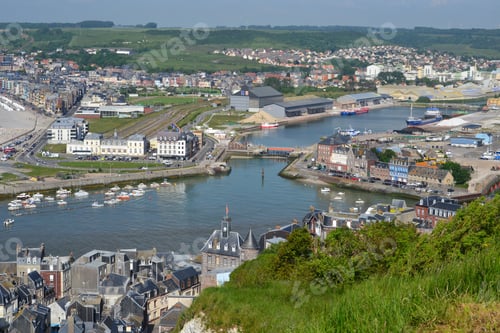 Preview: Aerial shot of a small European city with a river flowing in the middle