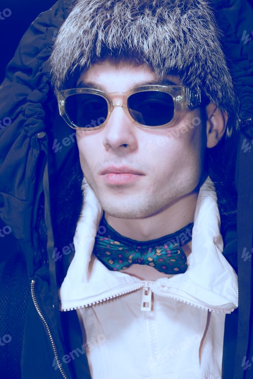 Preview: Fashion Photography, Head Face Closeup Man, Fur Hat, Jacket Bowtie