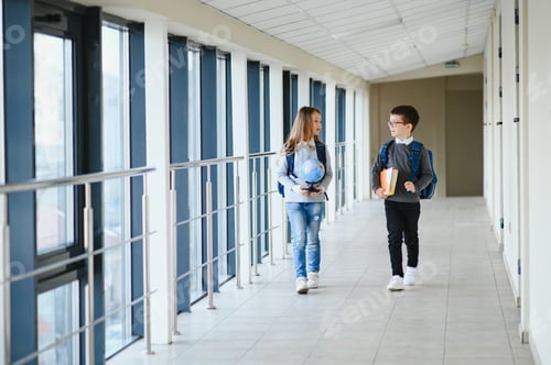 Preview: Schoolboy with schoolbag and books in the school. Education concept. Back to school