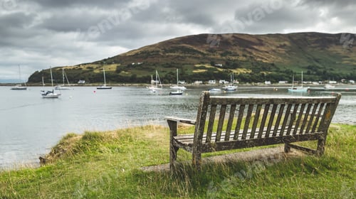 Preview: Close-up bench with bayview. Arran. Scotland